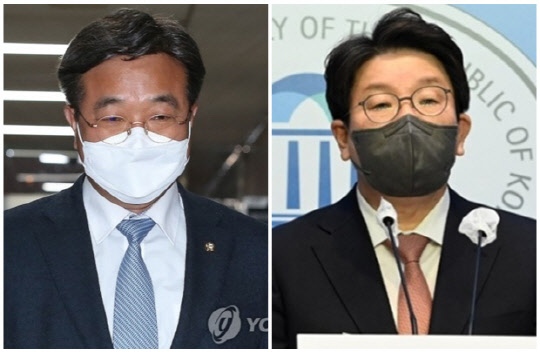 윤호중(왼쪽) 더불어민주당 공동비상대책위원장과 권성동 국민의힘 의원. <연합뉴스>